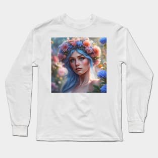 Stylish Woman in Nature with Flower, Fashion, and Elegance Long Sleeve T-Shirt